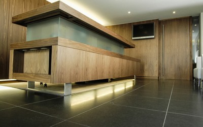 Bank reception area with bespoke counter and storage units
